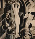 Figure in abstract composition by Edward Buk Ulreich, ink and wash on paper board, sold Feb 2020