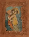Untitled (Portrait of two children) by Conger Metcalf, watercolor and ink on paper, sold Feb 2020