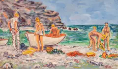 Topless Bathers on Sifnos Island, 1982 by Theodore Hios, 1982-1986, oil on linen, sold Feb 2020