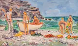 Topless Bathers on Sifnos Island, 1982 by Theodore Hios, 1982-1986, oil on linen, sold Feb 2020
