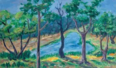 Untitled (Lake scene) by Theodore Hios, 1986, oil on canvas, sold Feb 2020