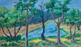 Untitled (Lake scene) by Theodore Hios, 1986, oil on canvas, sold Feb 2020