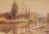 Autumn Landscape with Bridge by Richard La Barre Goodwin, watercolor on paper, sold Feb 2020