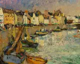 Untitled (Docked boats) by Rene Sartre, oil on board, sold Feb 2020