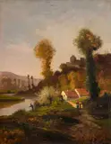 Untitled (House on the river) by Antonia Bosc, oil on canvas mounted on board, sold Feb 2020