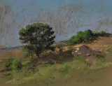 Landscape with tree and farmhouse by Pierre Roussel, pastel on brown paper, sold Feb 2020