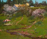 Spring Blossoms by the Brook by Ming Feng, oil on canvas (unstretched), sold Feb 2020