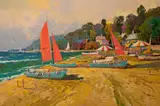 Beached Boats Red Sails by Ming Feng, oil on canvas (unstretched), sold Feb 2020