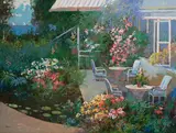 Garden Water Lily Pond by Ming Feng, oil on canvas (unstretched), sold Feb 2020