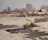 Snow Bridge over Stream by Ming Feng, oil on canvas (unstretched), sold Feb 2020