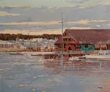 New England Marina Morning by Ming Feng, oil on canvas (unstretched), sold Feb 2020