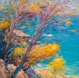 Riviera Coast by Malva, oil on canvas (unstretched), sold Feb 2020