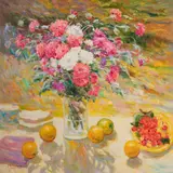 Still life of the Garden by Malva, oil on canvas (unstretched), sold Feb 2020