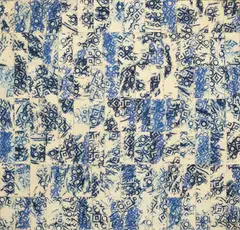 Blue Tread by Robert Courtright, 1983, collage of acrylic and paper mounted on board in artist's lucite frame, sold Mar 2020