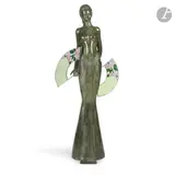 Double Je by Marie-Paule Deville-Chabrolle, 2009, Épreuve en bronze patiné vert nuancé, les éventails en vitrail serti au plomb, sold Mar 2026