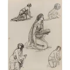 Projet de décor pour la chapelle Wolsey au château de Windsor du prince Albert: Feuille d’études pour le pilastre de Ruth et Booz by Henry de Triqueti, Plume et encre noire, crayon noir et estompe, sold Feb 2026
