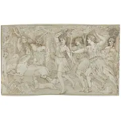 Scène de chasse avec Diane by Henry de Triqueti, Plume et encre brune, rehauts de gouache blanche sur papier anciennement bleu, sold Feb 2026