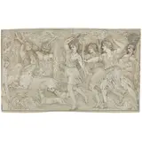 Scène de chasse avec Diane by Henry de Triqueti, Plume et encre brune, rehauts de gouache blanche sur papier anciennement bleu, sold Feb 2026