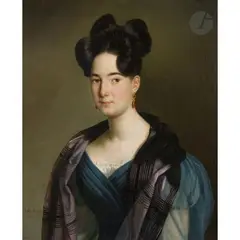 Portrait dit de Caroline Le Vassor de Bonneterre (1808-1857), Victomtesse de Lauthonnye, arrière grand mère d’Eugène, de Louis et de Bertrand de Sartiges by Jean Joseph Vaudechamp, Toile d’origine (marque effacée au revers), sold Feb 2026