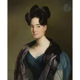 Portrait dit de Caroline Le Vassor de Bonneterre (1808-1857), Victomtesse de Lauthonnye, arrière grand mère d’Eugène, de Louis et de Bertrand de Sartiges by Jean Joseph Vaudechamp, Toile d’origine (marque effacée au revers), sold Feb 2026