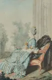 Portrait de la marquise de Caumartin de Saint-Ange assise de profil gauche, un éventail à la main by Louis Carrogis Carmontelle, Aquarelle, pierre noire et sanguine, sold Jun 2026
