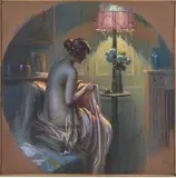 Jeune femme reprisant ses vêtements by Delphin Enjolras, Pastel à vue circulaire sur toile, sold Jun 2026