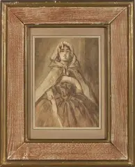 Femme au capuchon by Constantin Guys, Lavis gris et lavis de sanguine sur esquisse à la sanguine et à la pierre noire, sold Jun 2026
