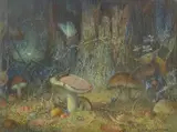 Chenille, papillon et escargots devant les champignons by Jan de Boer, Pastel, sold Apr 2026