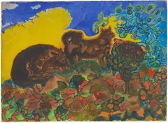 Chiens et mouton au paysage surréaliste by Grace Pailthorpe, Aquarelle, sold Apr 2026