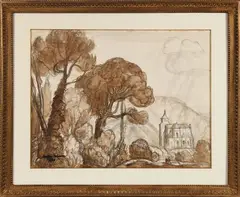 La chapelle" by André Maire, 1970, Lavis d'encre brune et crayon noir, sold May 2025