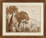 La chapelle" by André Maire, 1970, Lavis d'encre brune et crayon noir, sold May 2025