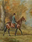 Portrait d'un veneur sur Valentine, aux Grands Feuillards en forêt de Fontainebleau by Karl Reille, Gouache signée en bas vers la droite, sold Apr 2025