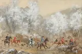 Bien-aller en forêt de Fontainebleau, avec l'équipage de la Chapt et le rallye Nomade by Karl Reille, Gouache signée en bas à droite, sold Apr 2025