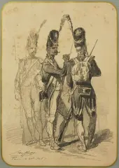 Étude pour trois grenadiers by Auguste Raffet, 1857, Crayon noir signé et daté, sold Apr 2025
