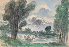 Couple en barque sur un cours d'eau by Hermine David, Aquarelle, sold Jul 2026