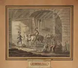 Intérieur d'écurie by Jacques Francois Joseph Swebach des Fontaines, Aquarelle et lavis d'encre, sold Jul 2020