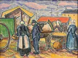 Marché à Audierne, Bretagne by Pierre Belay, 1945, Aquarelle vernissée sur papier, sold Mar 2019