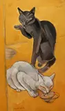 Chat noir se léchant et chat blanc lappant son eau by Jacques Nam, Gouache, sold Dec 2018
