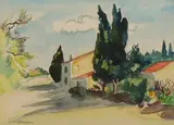 Mas aux cyprès by Yves Brayer, Aquarelle signée en bas à gauche, sold Dec 2018