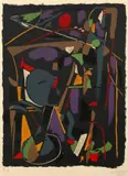 Composition fond bleu marine by André Lanskoy, Lithographie en couleurs annotée EA en bas à gauche, sold Dec 2018