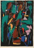 Composition fond noir et taches vertes by André Lanskoy, Lithographie en couleurs annotée EA en bas à gauche, sold Dec 2018