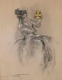 Femme au masque de bal by Louis Icart, Lithographie, rehauts de fusain et de blanc, sold Jan 2026