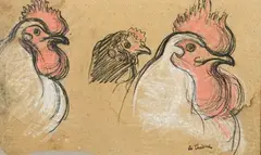 Profils de coq by Auguste Chabaud, Pastel, fusain et rehauts de craie blanche, portante le cachet humide de la signature en b, sold Dec 2025
