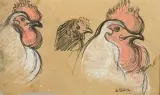Profils de coq by Auguste Chabaud, Pastel, fusain et rehauts de craie blanche, portante le cachet humide de la signature en b, sold Dec 2025