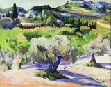En Provence, paysage vallonné aux deux oliviers by Antoine Serra, 1954, Gouache signée, sold Dec 2025