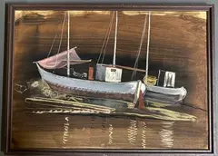 Bateau by Jean Burkhalter, Gouache sur papier marouflée sur carton, tampon de l'atelier au dos, sold Oct 2024