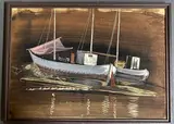 Bateau by Jean Burkhalter, Gouache sur papier marouflée sur carton, tampon de l'atelier au dos, sold Oct 2024