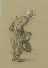 Etude de femme au balai pour Pierrot malade by Thomas Couture, Crayon noir et rehauts de blanc sur papier beige Dim, sold Sep 2024