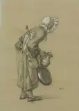 Etude de femme au balai pour Pierrot malade by Thomas Couture, Crayon noir et rehauts de blanc sur papier beige Dim, sold Sep 2024