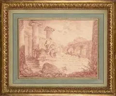 Dessinateurs à l’intérieur du temple de Paestum, frontispice pour un recueil by Hubert Robert, 1760, Sanguine, annotée sur le mur en capitales à la sanguine : « Racolta di varie vedute dei te, sold Dec 2025